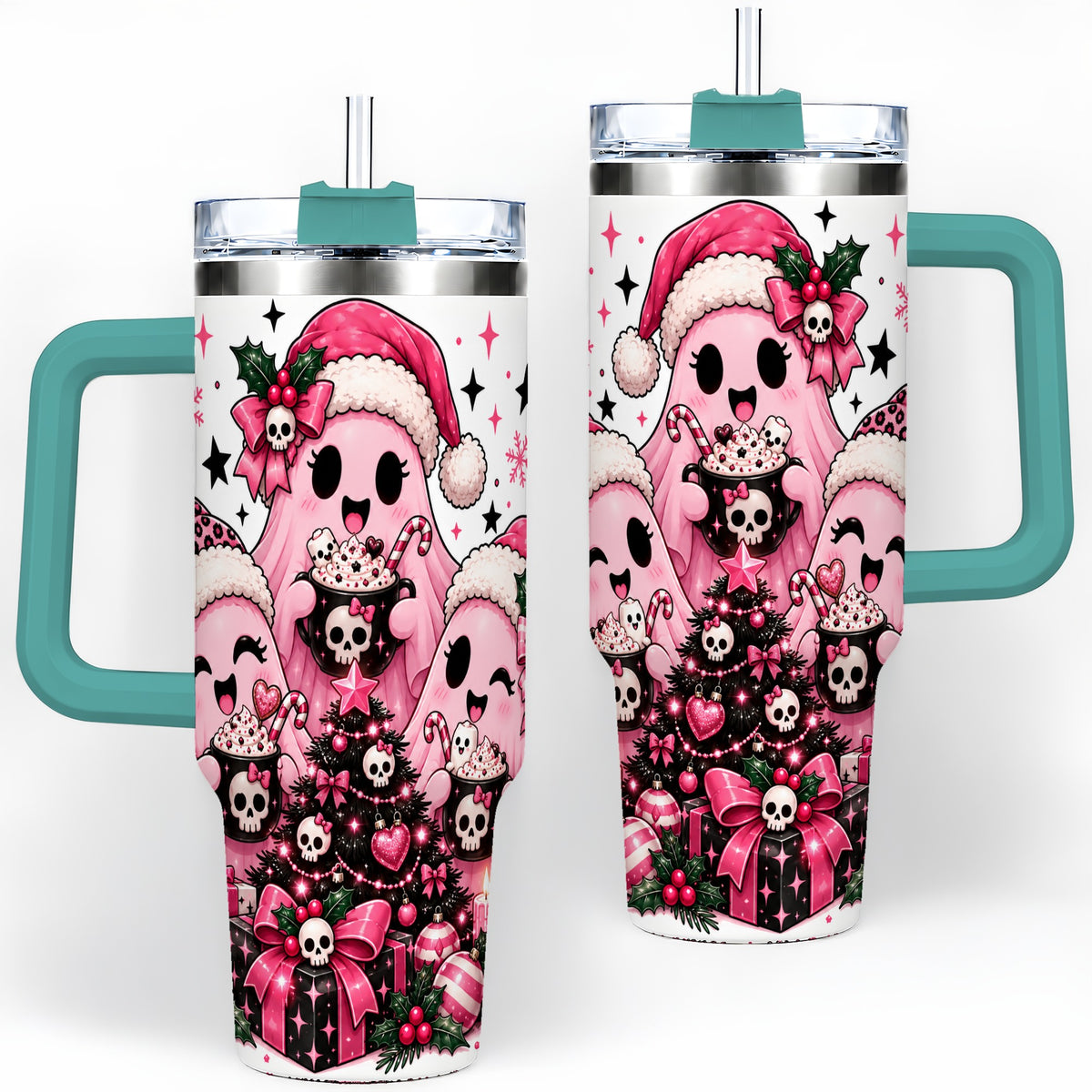 #pl[40oz|Green] Pink Gothic Christmas Ghost 40oz Tumbler, Skull Holiday Drinkware