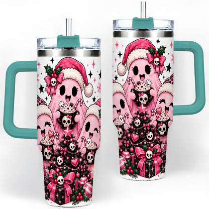 #pl[40oz|Green] Pink Gothic Christmas Ghost 40oz Tumbler, Skull Holiday Drinkware