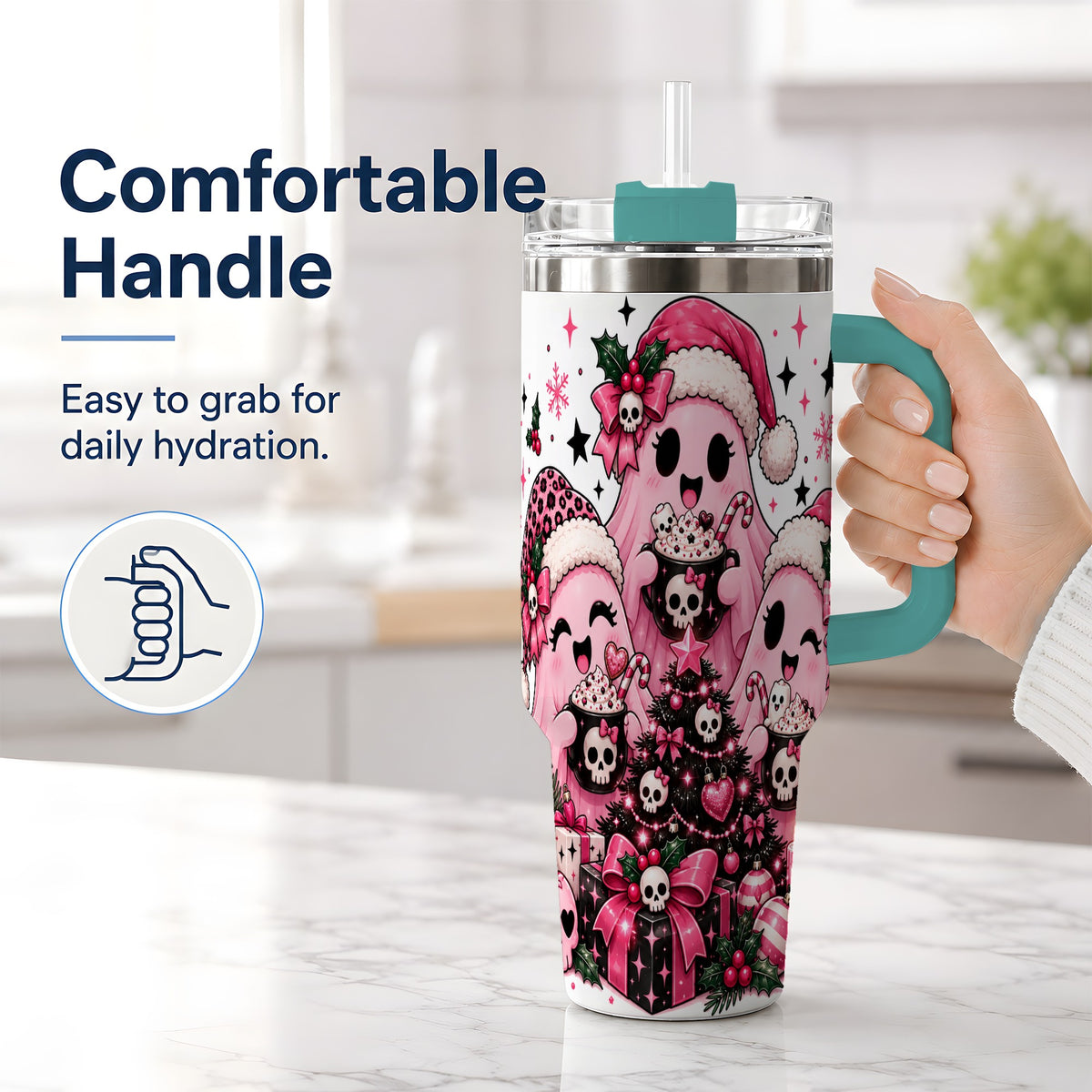 #pl[40oz|Green] Pink Gothic Christmas Ghost 40oz Tumbler, Skull Holiday Drinkware