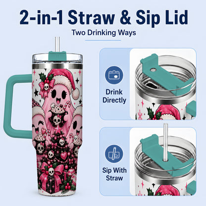 #pl[40oz|Green] Pink Gothic Christmas Ghost 40oz Tumbler, Skull Holiday Drinkware