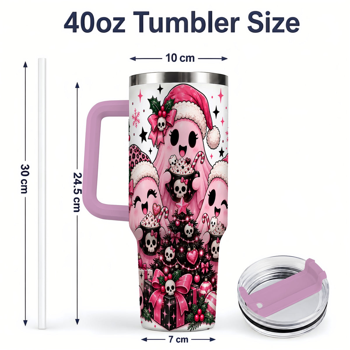 #pl[40oz|Pink] Pink Gothic Christmas Ghost 40oz Tumbler, Skull Holiday Drinkware