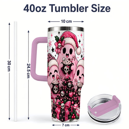 #pl[40oz|Pink] Pink Gothic Christmas Ghost 40oz Tumbler, Skull Holiday Drinkware