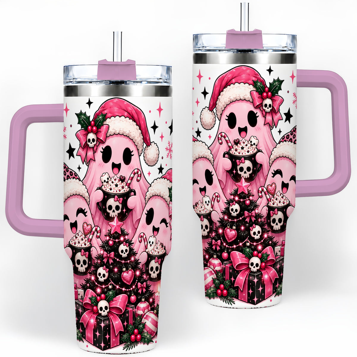 #pl[40oz|Pink] Pink Gothic Christmas Ghost 40oz Tumbler, Skull Holiday Drinkware