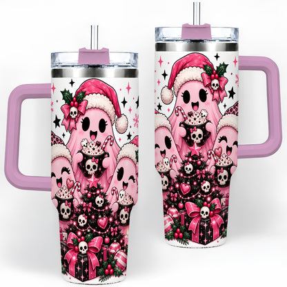 #pl[40oz|Pink] Pink Gothic Christmas Ghost 40oz Tumbler, Skull Holiday Drinkware