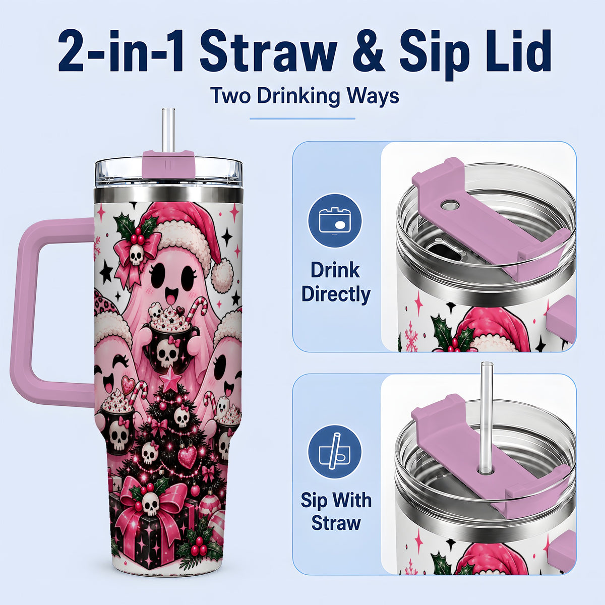 #pl[40oz|Pink] Pink Gothic Christmas Ghost 40oz Tumbler, Skull Holiday Drinkware