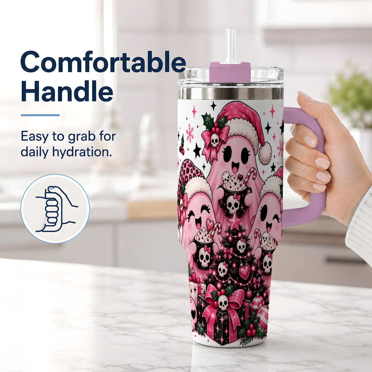 #pl[40oz|Pink] Pink Gothic Christmas Ghost 40oz Tumbler, Skull Holiday Drinkware
