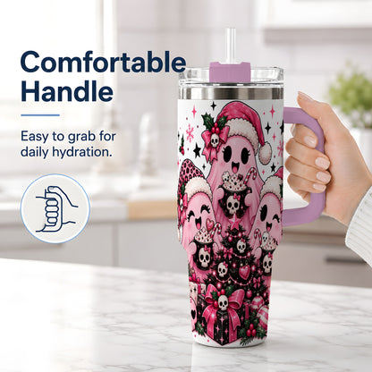#pl[40oz|Pink] Pink Gothic Christmas Ghost 40oz Tumbler, Skull Holiday Drinkware