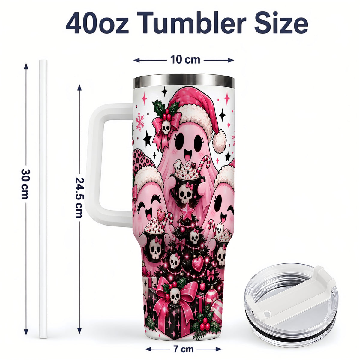 #pl[40oz|White] Pink Gothic Christmas Ghost 40oz Tumbler, Skull Holiday Drinkware