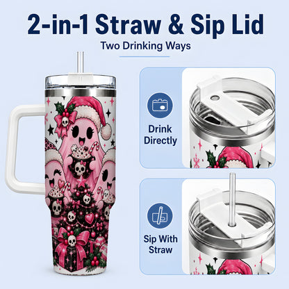#pl[40oz|White] Pink Gothic Christmas Ghost 40oz Tumbler, Skull Holiday Drinkware