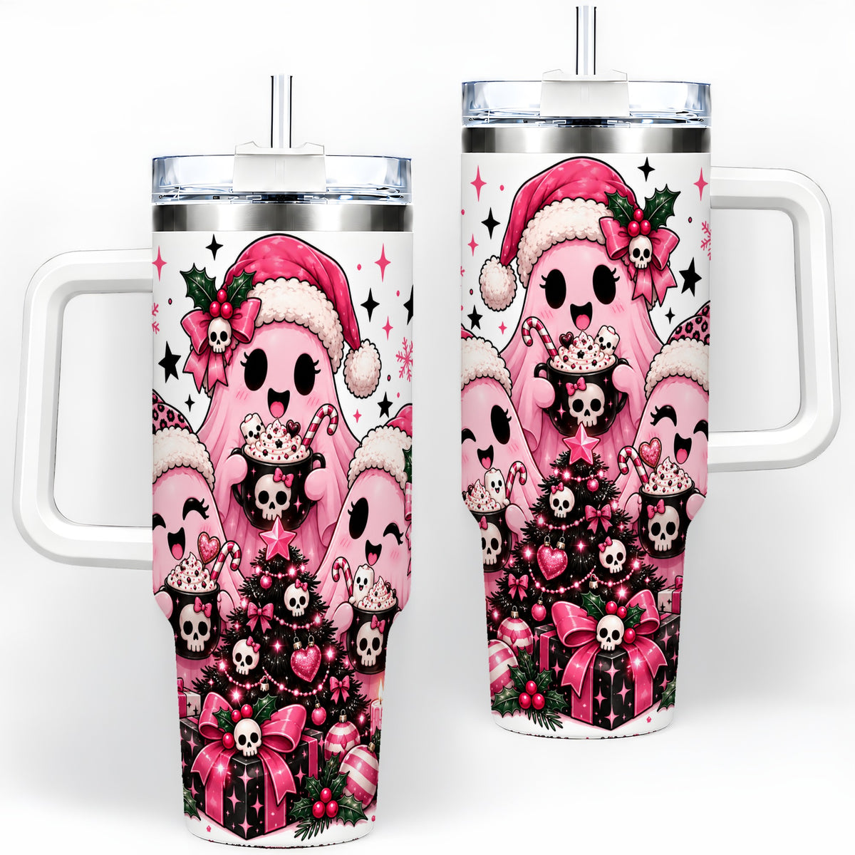 Pink Gothic Christmas Ghost 40oz Tumbler, Skull Holiday Drinkware