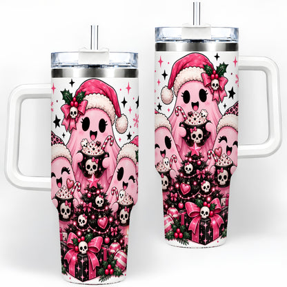 Pink Gothic Christmas Ghost 40oz Tumbler, Skull Holiday Drinkware
