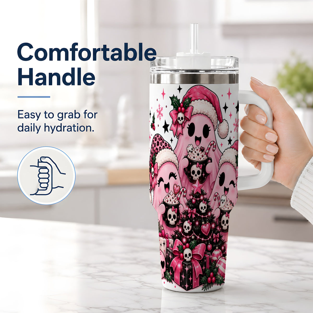 #pl[40oz|White] Pink Gothic Christmas Ghost 40oz Tumbler, Skull Holiday Drinkware