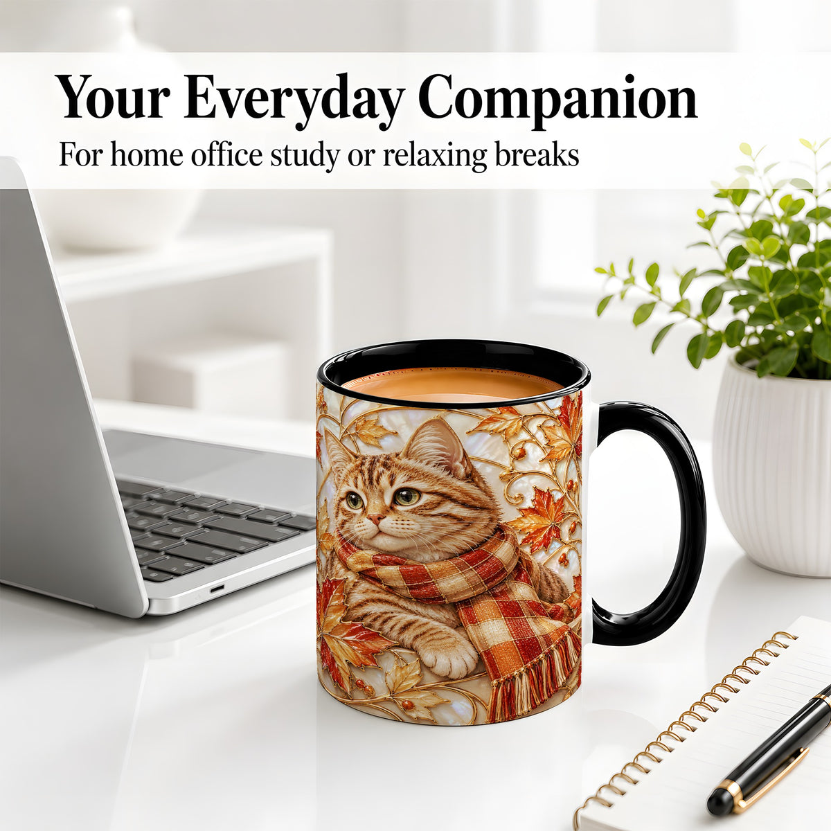 #pl[11oz|Black] Cozy Autumn Cat Ceramic Mug, Tabby Scarf Artwork for Cat Lovers
