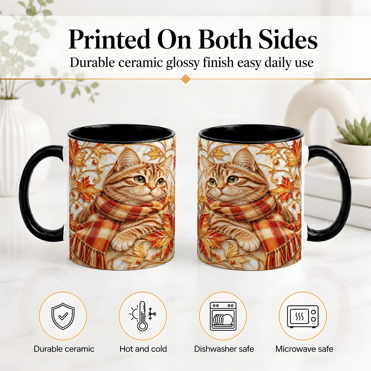 #pl[11oz|Black] Cozy Autumn Cat Ceramic Mug, Tabby Scarf Artwork for Cat Lovers
