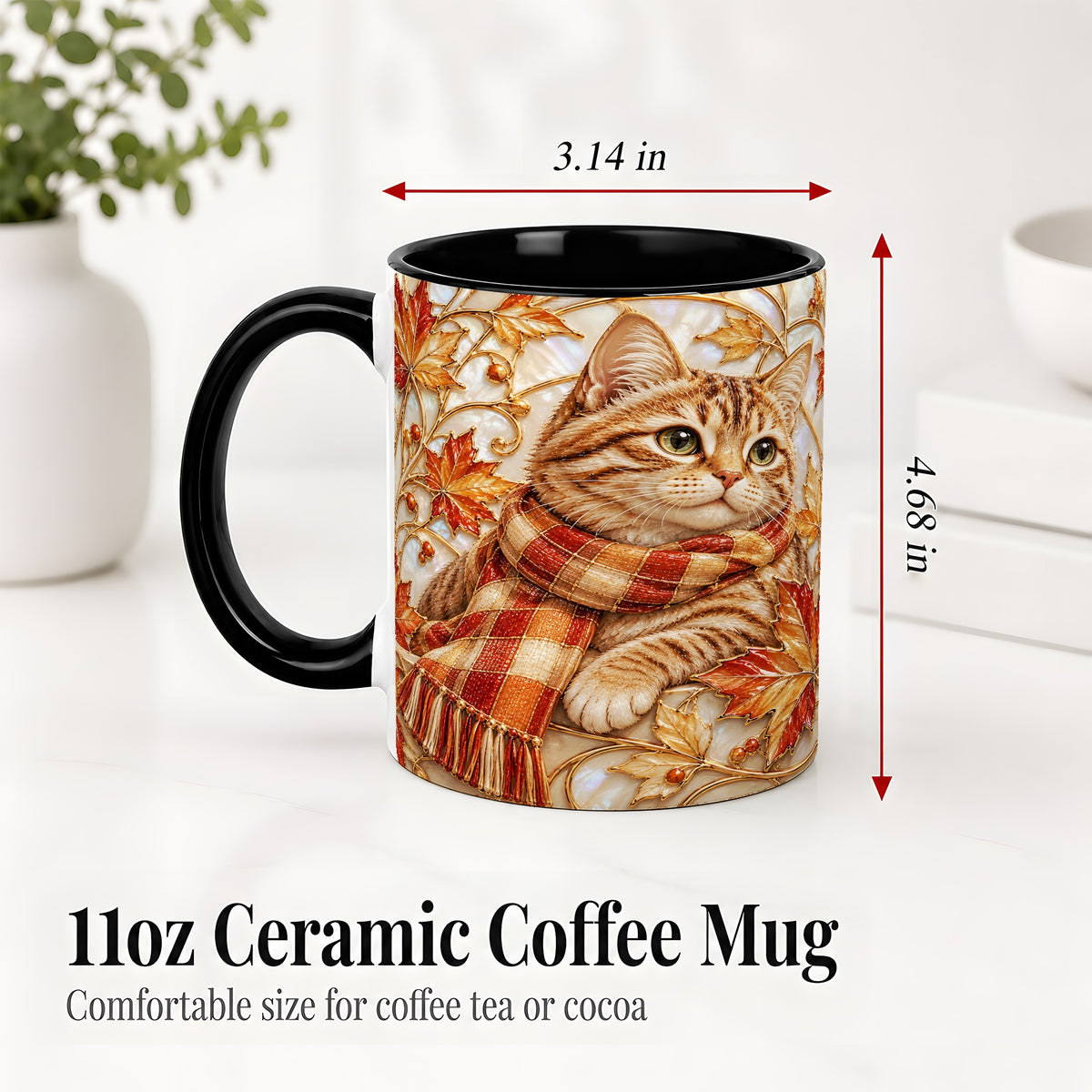 #pl[11oz|Black] Cozy Autumn Cat Ceramic Mug, Tabby Scarf Artwork for Cat Lovers