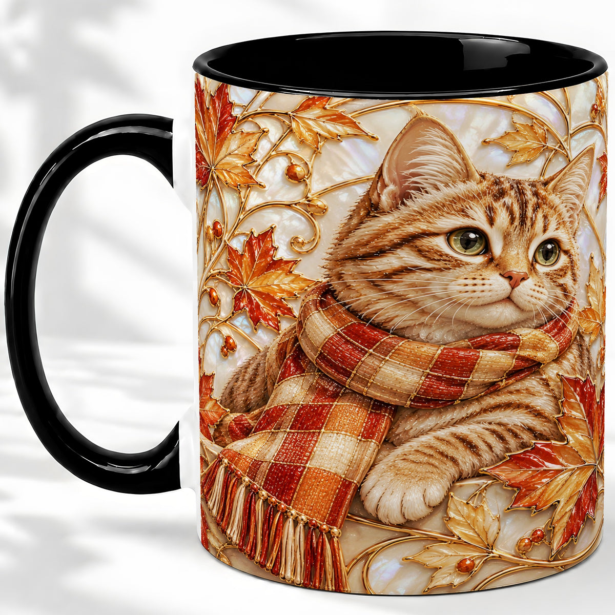#pl[11oz|Black] Cozy Autumn Cat Ceramic Mug, Tabby Scarf Artwork for Cat Lovers
