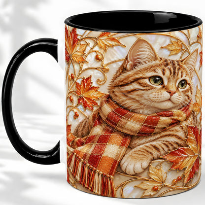 #pl[11oz|Black] Cozy Autumn Cat Ceramic Mug, Tabby Scarf Artwork for Cat Lovers