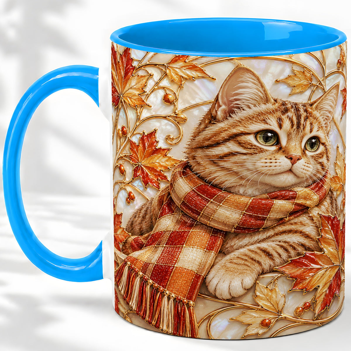 #pl[11oz|Blue] Cozy Autumn Cat Ceramic Mug, Tabby Scarf Artwork for Cat Lovers