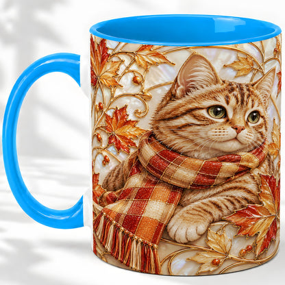 #pl[11oz|Blue] Cozy Autumn Cat Ceramic Mug, Tabby Scarf Artwork for Cat Lovers