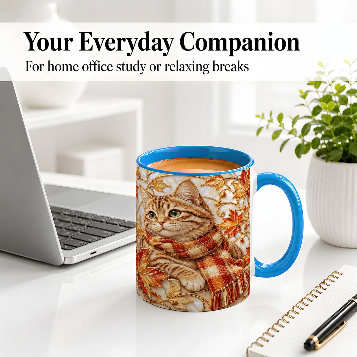 #pl[11oz|Blue] Cozy Autumn Cat Ceramic Mug, Tabby Scarf Artwork for Cat Lovers