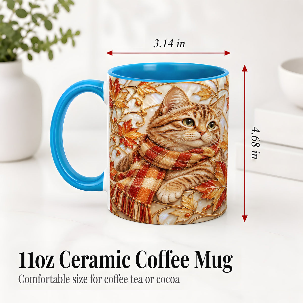 #pl[11oz|Blue] Cozy Autumn Cat Ceramic Mug, Tabby Scarf Artwork for Cat Lovers