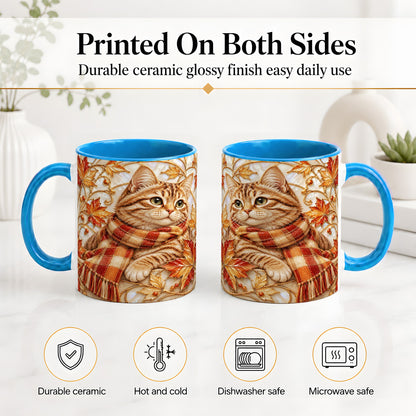 #pl[11oz|Blue] Cozy Autumn Cat Ceramic Mug, Tabby Scarf Artwork for Cat Lovers