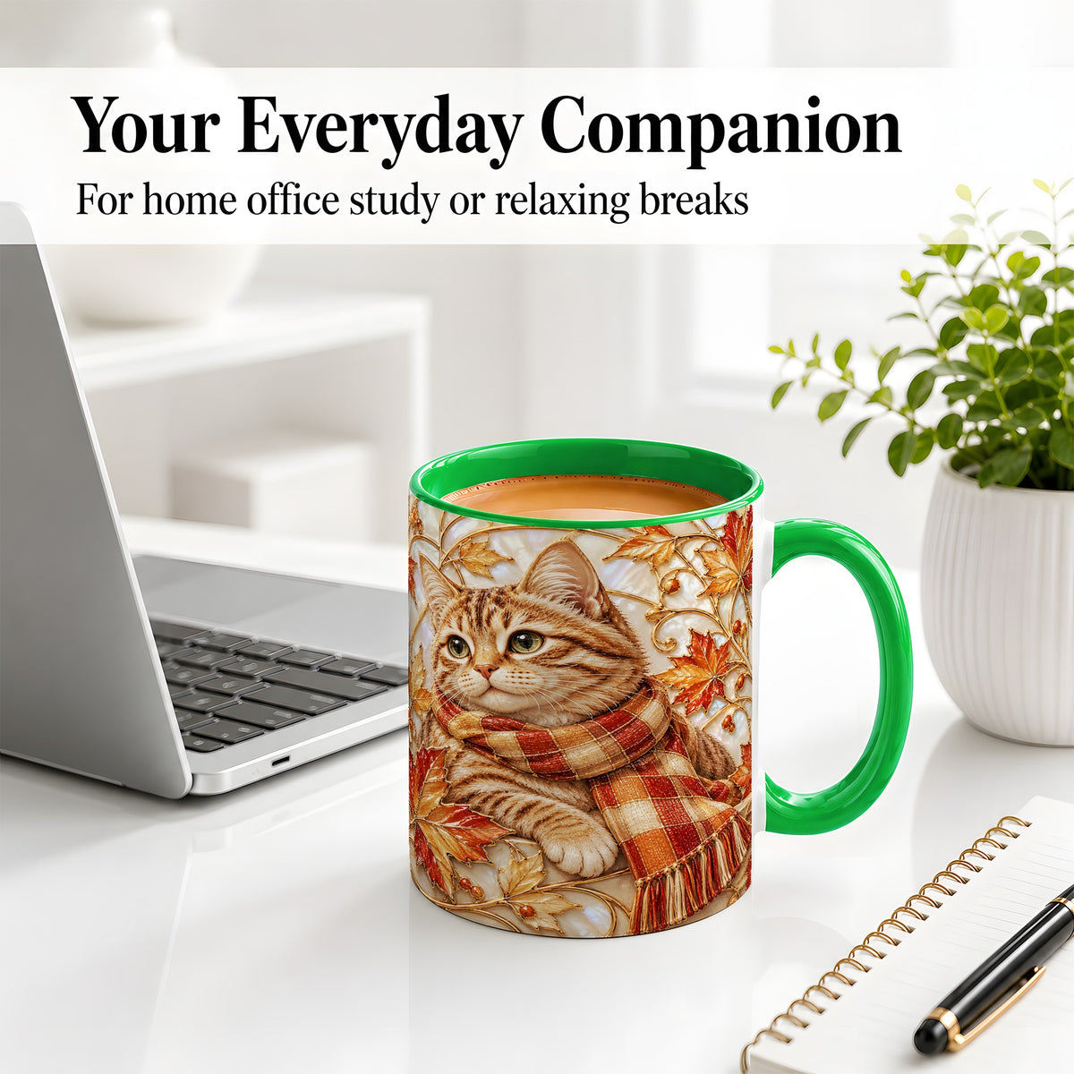 #pl[11oz|Green] Cozy Autumn Cat Ceramic Mug, Tabby Scarf Artwork for Cat Lovers