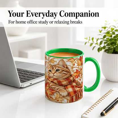 #pl[11oz|Green] Cozy Autumn Cat Ceramic Mug, Tabby Scarf Artwork for Cat Lovers
