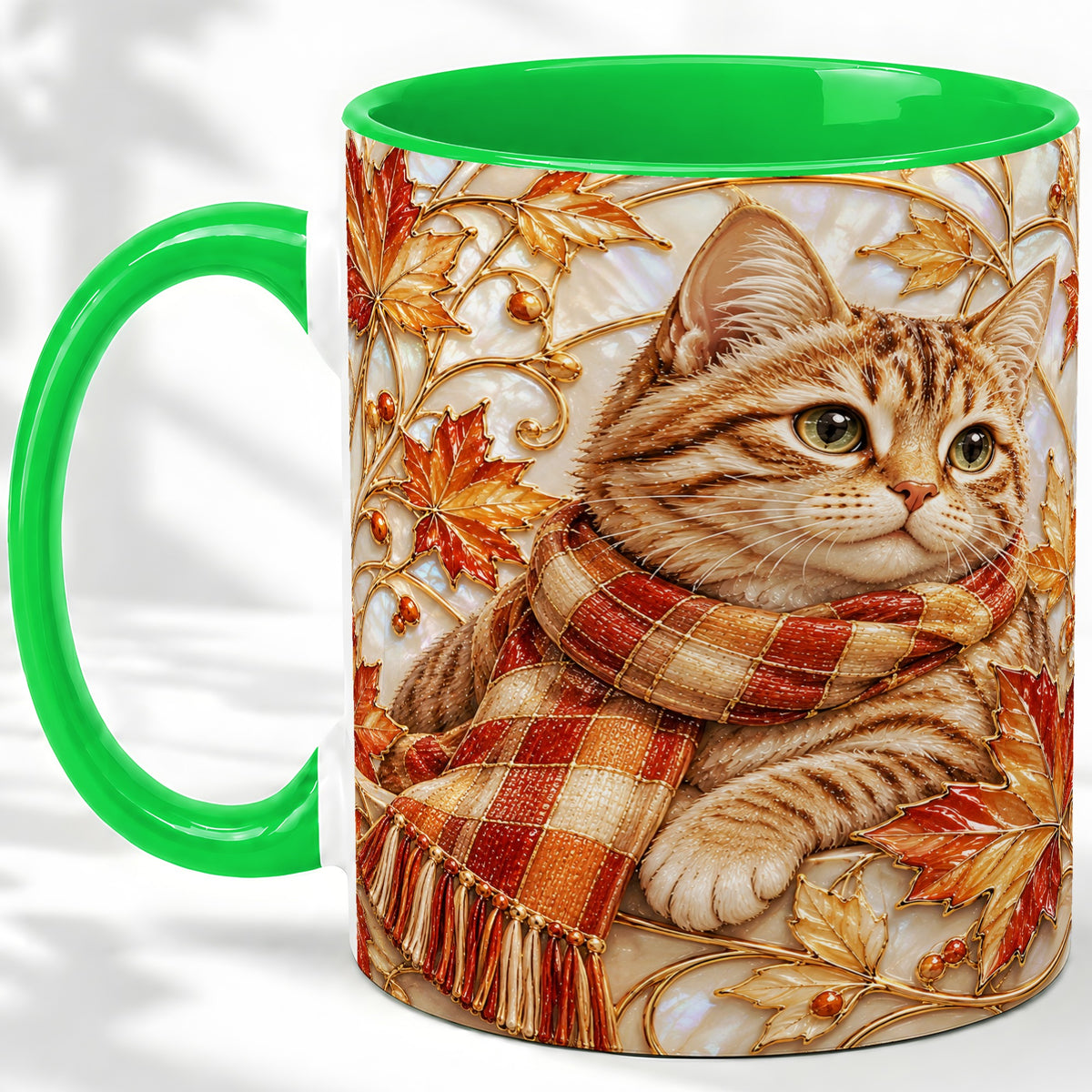 #pl[11oz|Green] Cozy Autumn Cat Ceramic Mug, Tabby Scarf Artwork for Cat Lovers