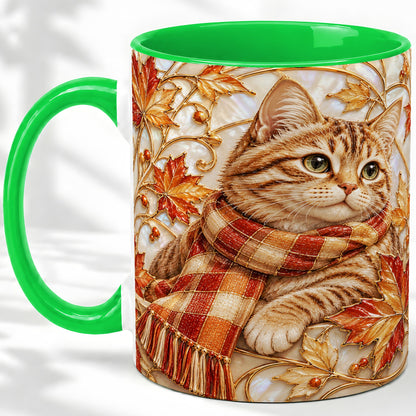 #pl[11oz|Green] Cozy Autumn Cat Ceramic Mug, Tabby Scarf Artwork for Cat Lovers