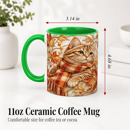 #pl[11oz|Green] Cozy Autumn Cat Ceramic Mug, Tabby Scarf Artwork for Cat Lovers