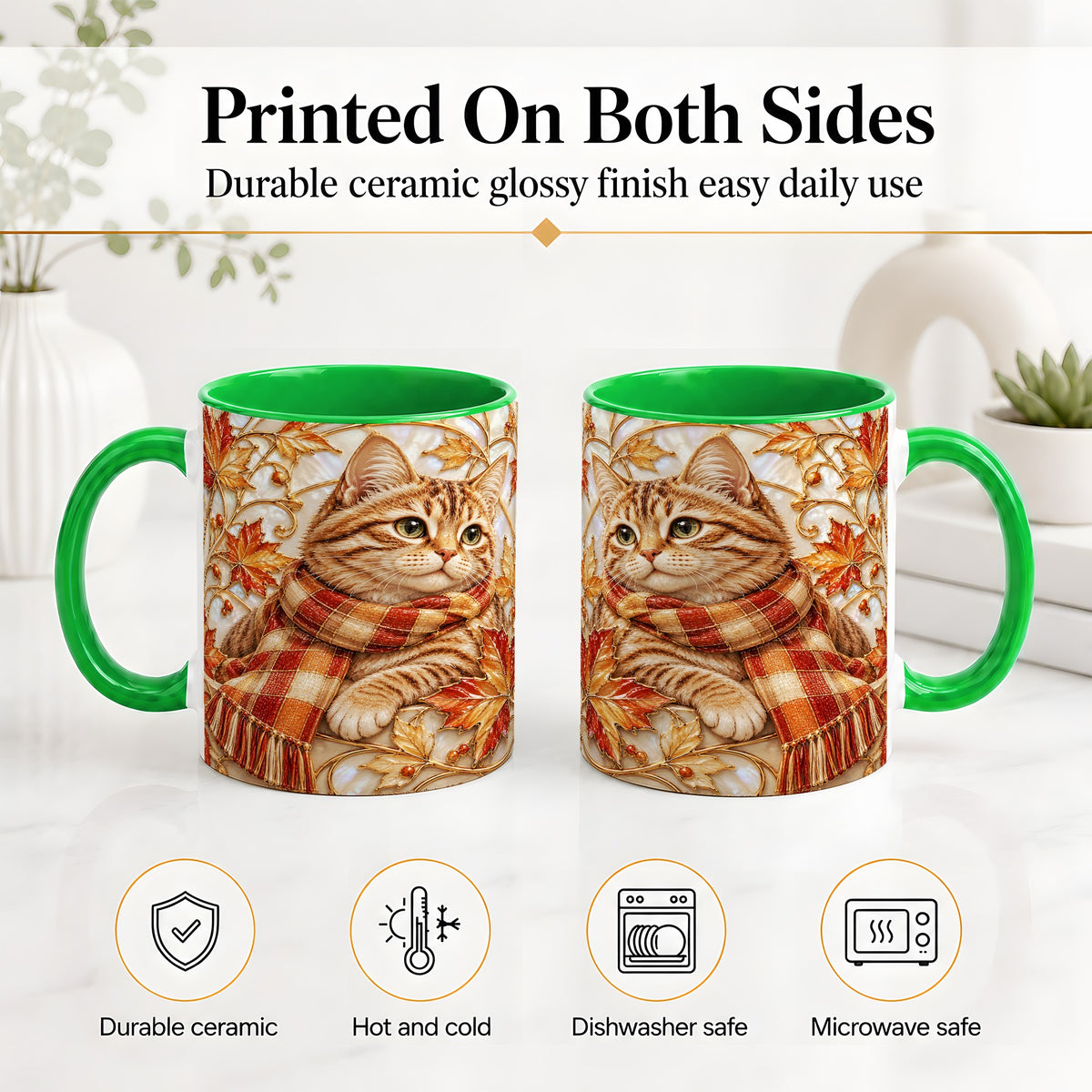 #pl[11oz|Green] Cozy Autumn Cat Ceramic Mug, Tabby Scarf Artwork for Cat Lovers