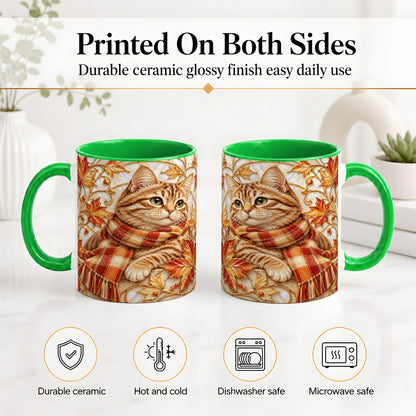 #pl[11oz|Green] Cozy Autumn Cat Ceramic Mug, Tabby Scarf Artwork for Cat Lovers