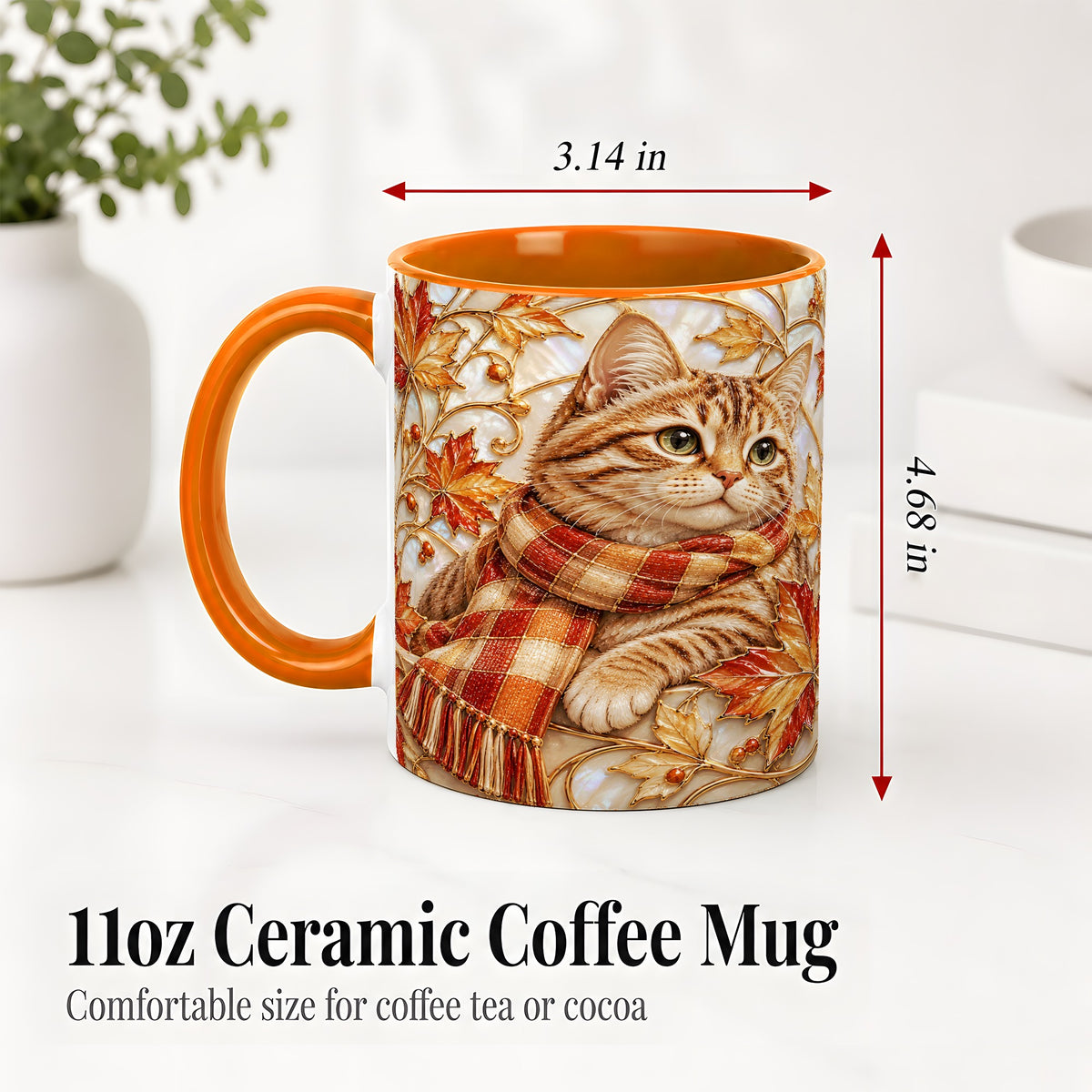 #pl[11oz|Orange] Cozy Autumn Cat Ceramic Mug, Tabby Scarf Artwork for Cat Lovers