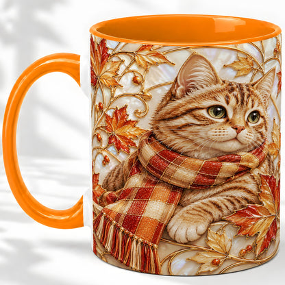 #pl[11oz|Orange] Cozy Autumn Cat Ceramic Mug, Tabby Scarf Artwork for Cat Lovers