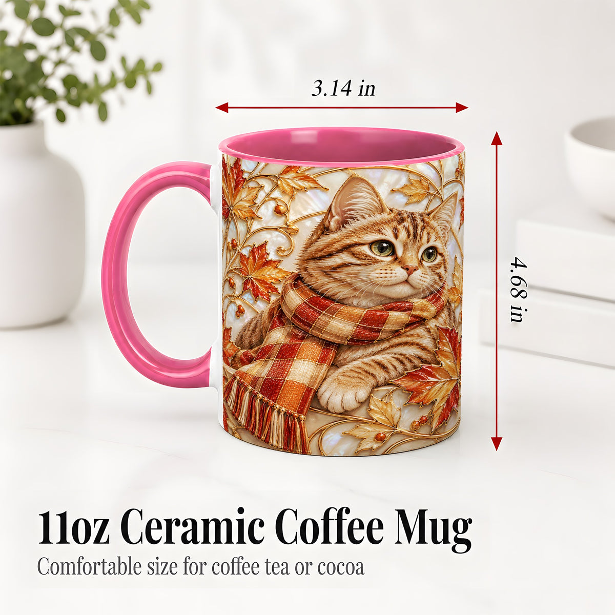 #pl[11oz|Pink] Cozy Autumn Cat Ceramic Mug, Tabby Scarf Artwork for Cat Lovers