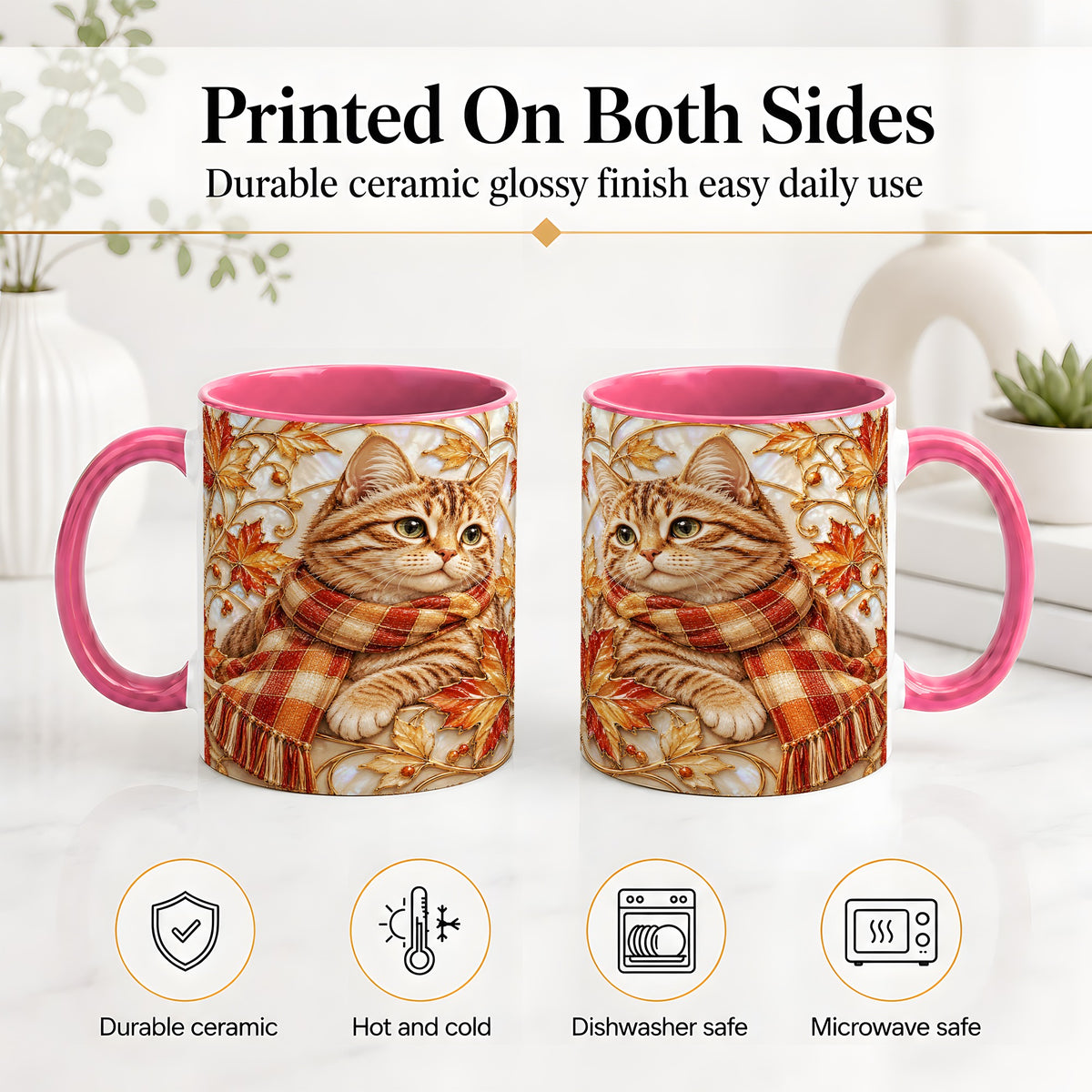 #pl[11oz|Pink] Cozy Autumn Cat Ceramic Mug, Tabby Scarf Artwork for Cat Lovers