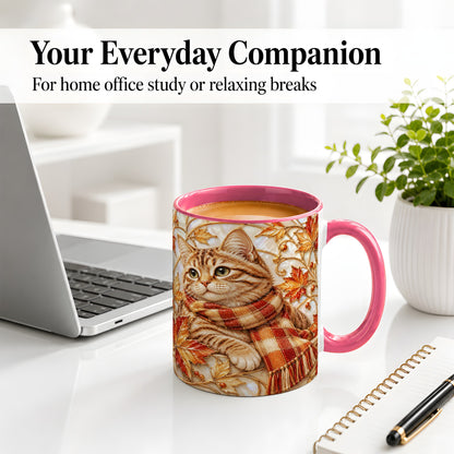#pl[11oz|Pink] Cozy Autumn Cat Ceramic Mug, Tabby Scarf Artwork for Cat Lovers