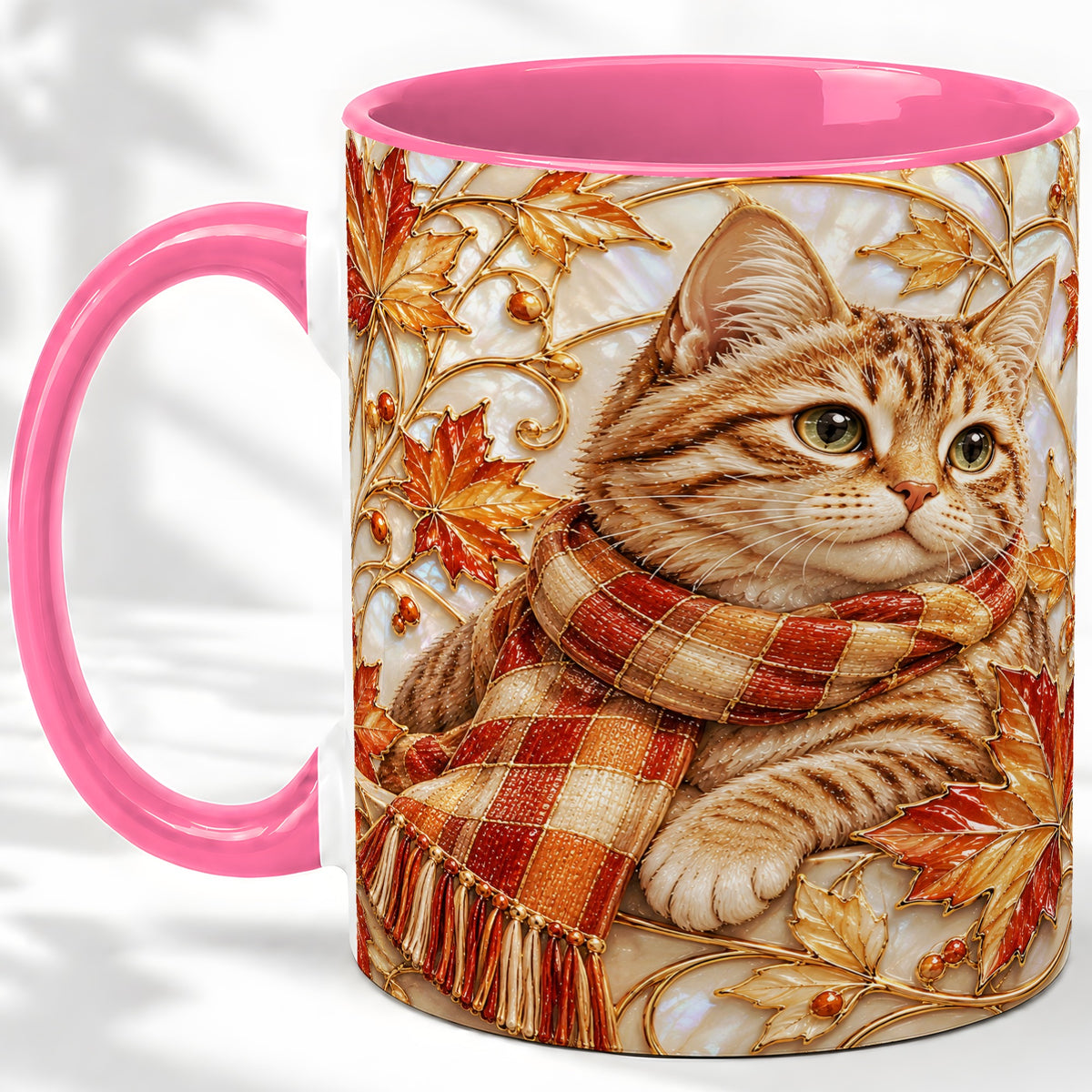 #pl[11oz|Pink] Cozy Autumn Cat Ceramic Mug, Tabby Scarf Artwork for Cat Lovers