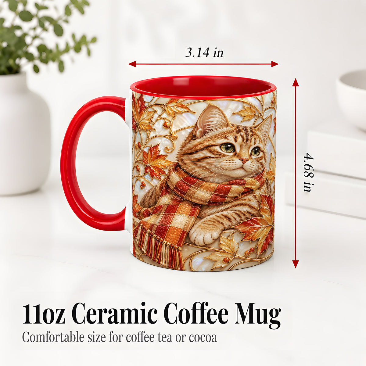 #pl[11oz|Red] Cozy Autumn Cat Ceramic Mug, Tabby Scarf Artwork for Cat Lovers