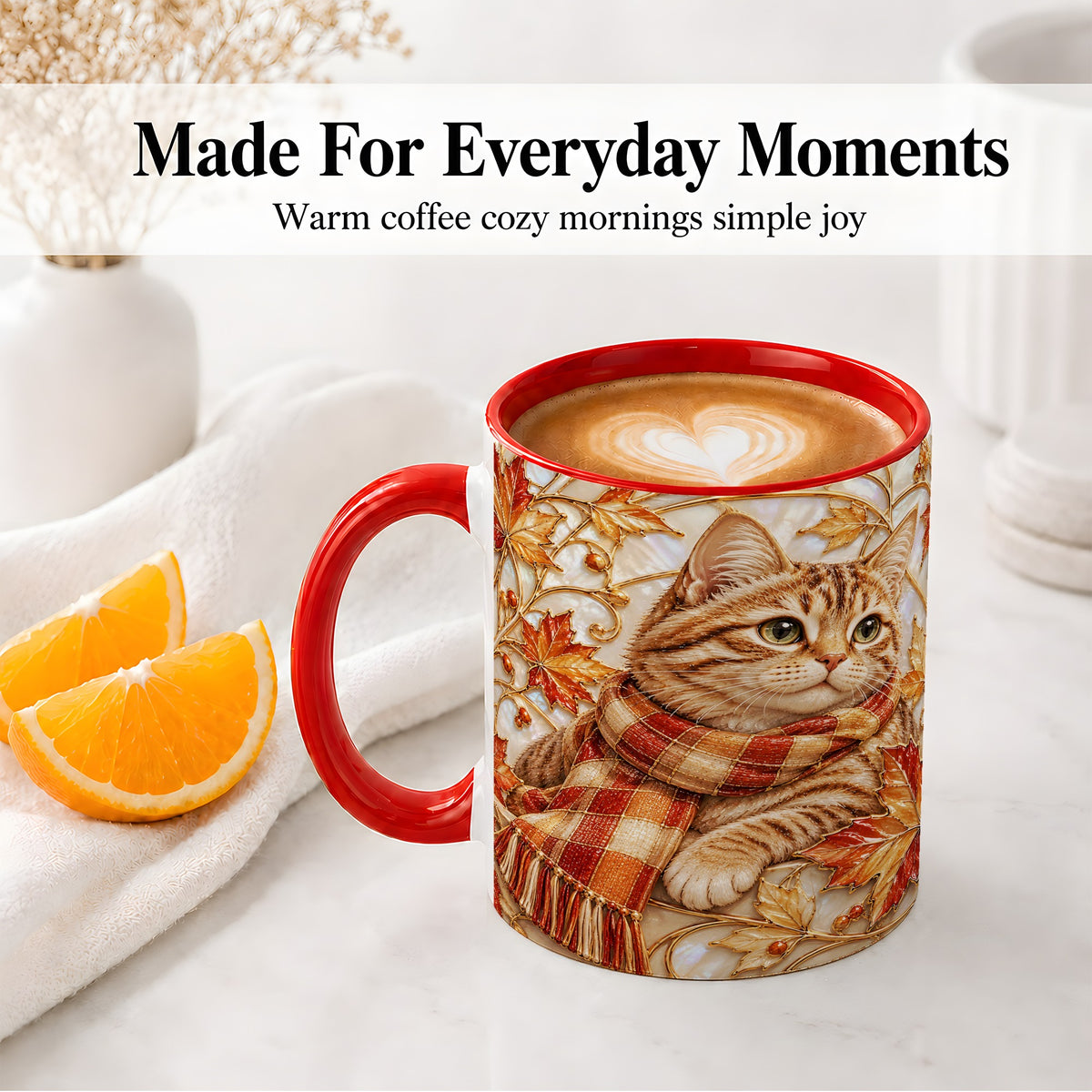 #pl[11oz|Red] Cozy Autumn Cat Ceramic Mug, Tabby Scarf Artwork for Cat Lovers
