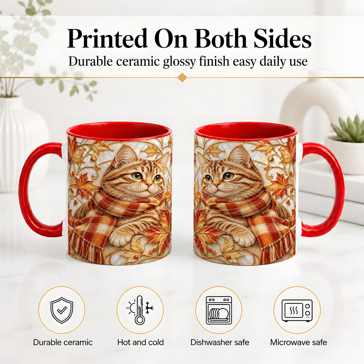 #pl[11oz|Red] Cozy Autumn Cat Ceramic Mug, Tabby Scarf Artwork for Cat Lovers