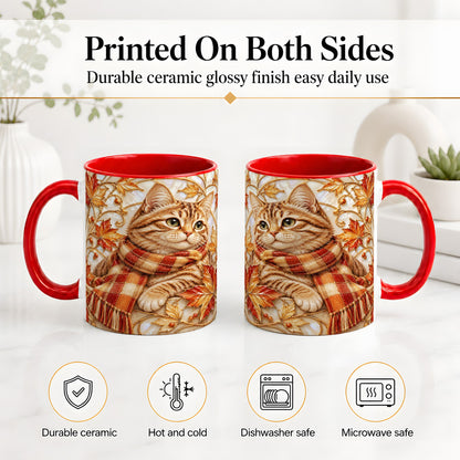 #pl[11oz|Red] Cozy Autumn Cat Ceramic Mug, Tabby Scarf Artwork for Cat Lovers