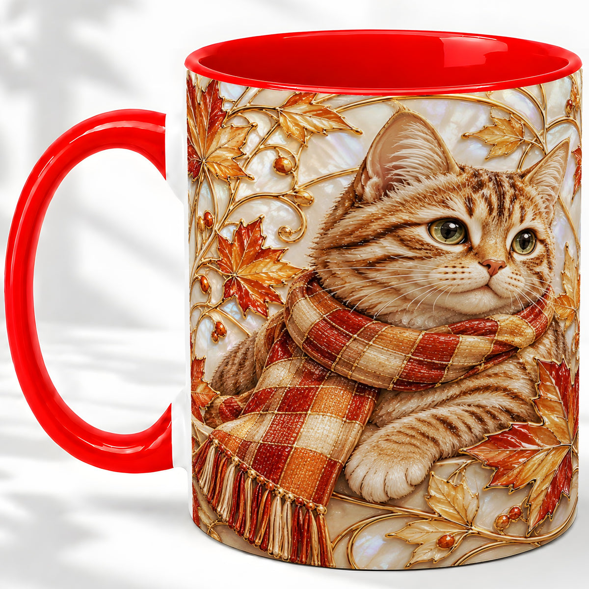 Cozy Autumn Cat Ceramic Mug, Tabby Scarf Artwork for Cat Lovers