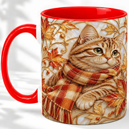 Cozy Autumn Cat Ceramic Mug, Tabby Scarf Artwork for Cat Lovers