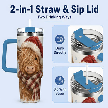 #pl[40oz|Blue] Christmas Highland Cow 40oz Tumbler, Winter Farmhouse Drinkware