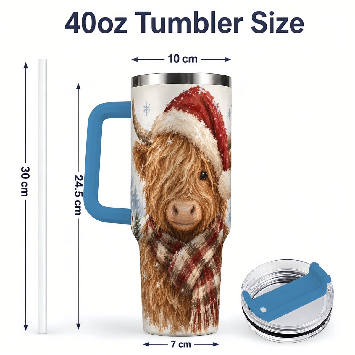 #pl[40oz|Blue] Christmas Highland Cow 40oz Tumbler, Winter Farmhouse Drinkware