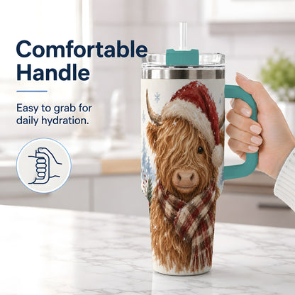 #pl[40oz|Green] Christmas Highland Cow 40oz Tumbler, Winter Farmhouse Drinkware