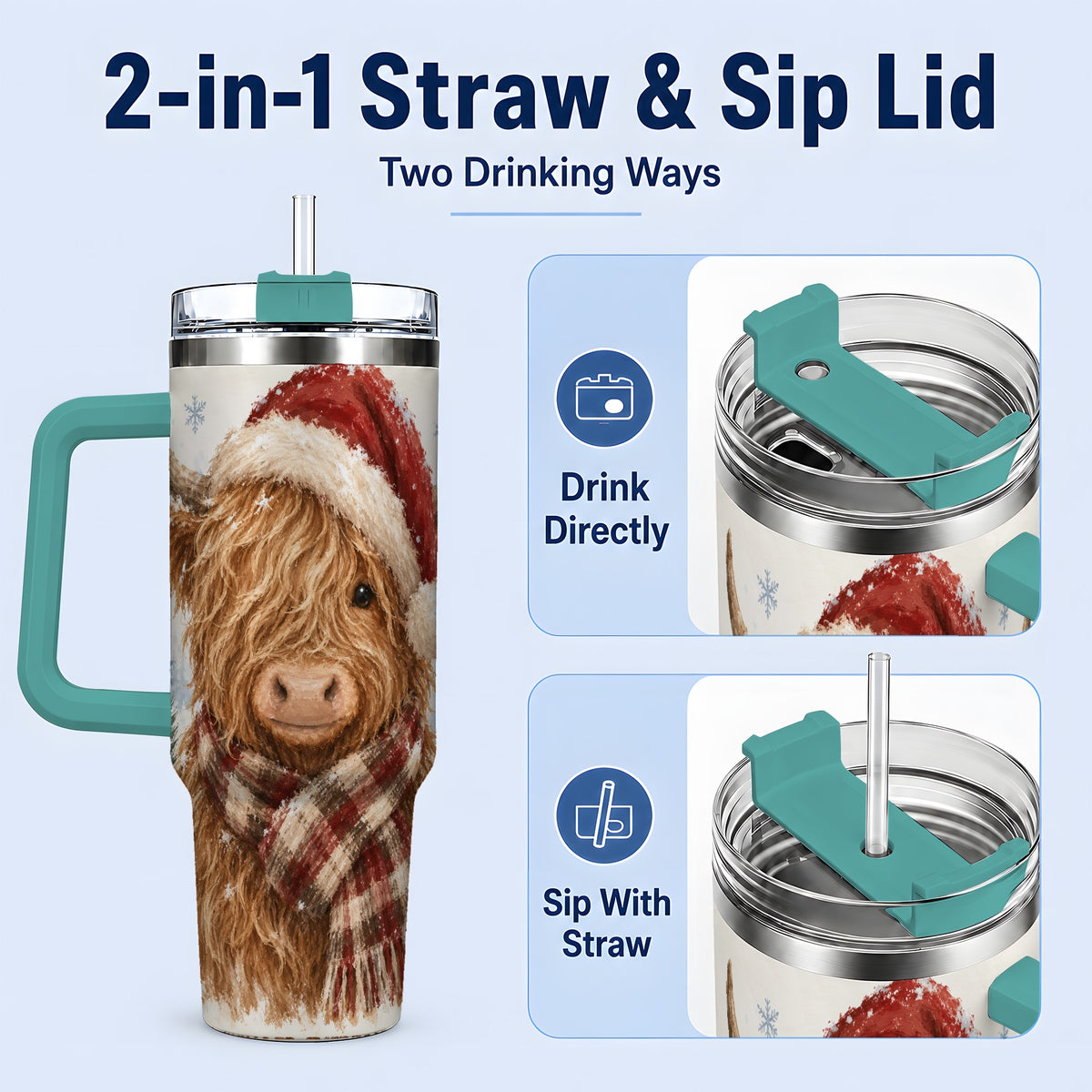 #pl[40oz|Green] Christmas Highland Cow 40oz Tumbler, Winter Farmhouse Drinkware