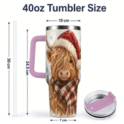 #pl[40oz|Pink] Christmas Highland Cow 40oz Tumbler, Winter Farmhouse Drinkware